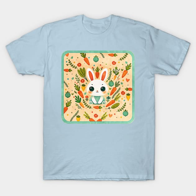 cute rabbit surrounded by flowers, plants and carrots, Scandinavian style T-Shirt by art-of-egypt